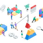 isometric vector set of people putting together puzzles, in color on a white background, teamwork and common business goal